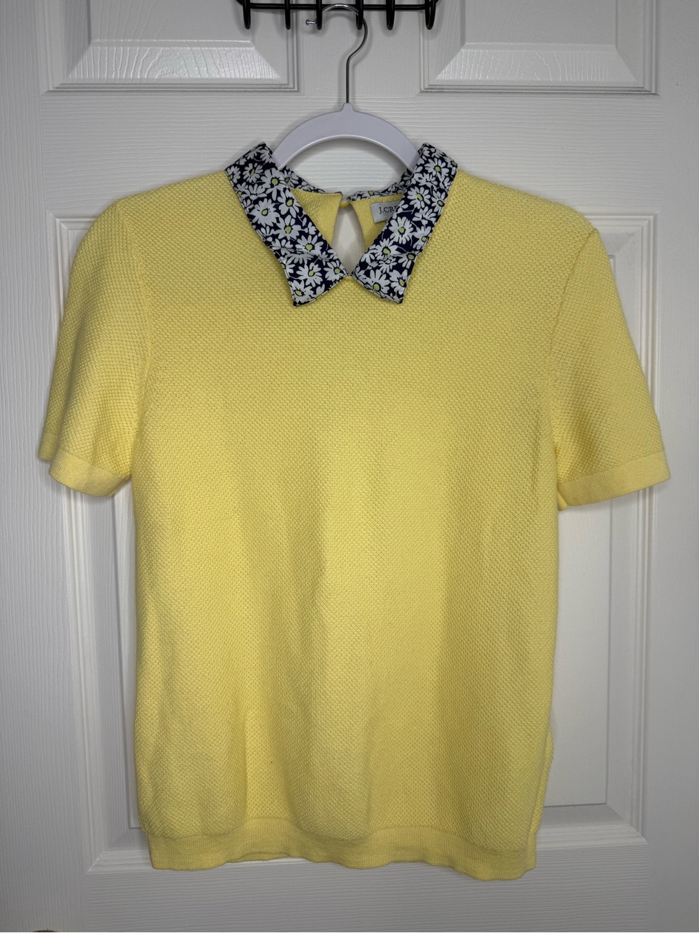 J.Crew Yellow 100% Cotton Knit Top Floral Collar Keyhole Back M
